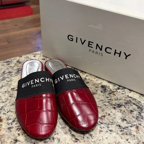 Givenchy Red Croc-Embossed Logo Slip-On Mules - Picture 2 of 4